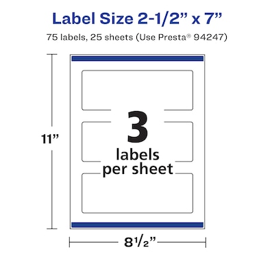 Avery Laser/Inkjet Rectangle Waterproof Multipurpose Labels, 7"  x 2.5", White, 75/Pack (94247)