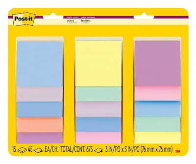 Post-it Super Sticky Notes, 3 x 3, Assorted Colors, 45 Sheets/Pad, 15 Pads/Pack (65415SSPS2)