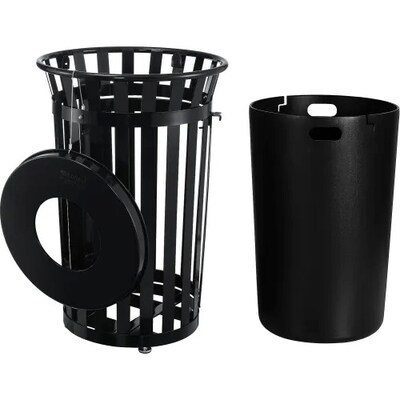 Global Industrial Outdoor Slatted Steel Trash Can w/ Access Door & Flat Lid, 36 Gallon, Black (261940BK)