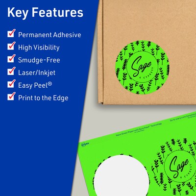 Avery Laser/Inkjet Multipurpose Circle Labels, 3.5 Dia., Neon Green, 80/Pack (94514)