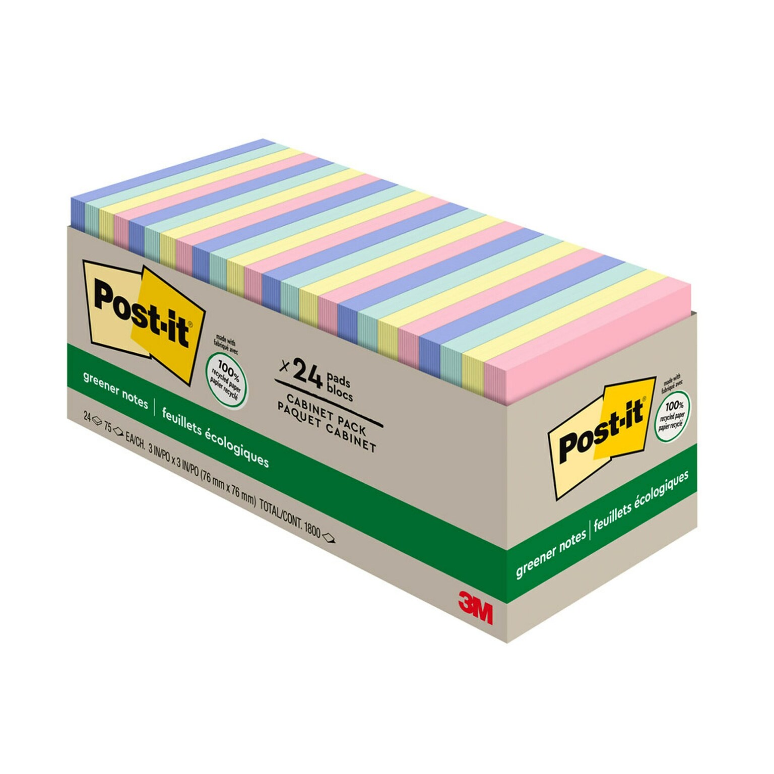 Post-it Recycled Notes, 3 x 3, Sweet Sprinkles Collection, 75 Sheet/Pad, 24 Pads/Pack (654R24CPAP)