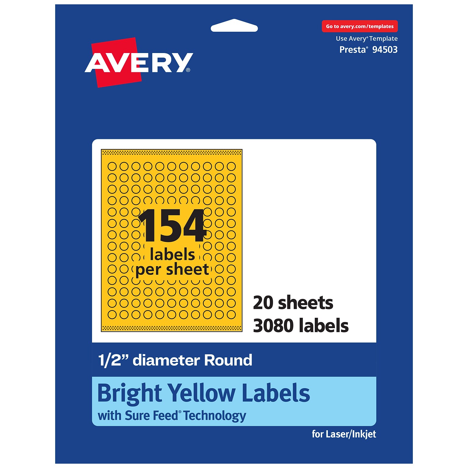Avery Laser/Inkjet Round Multipurpose Labels, 0.5 Dia., Bright Yellow, 3080/Pack (94503)