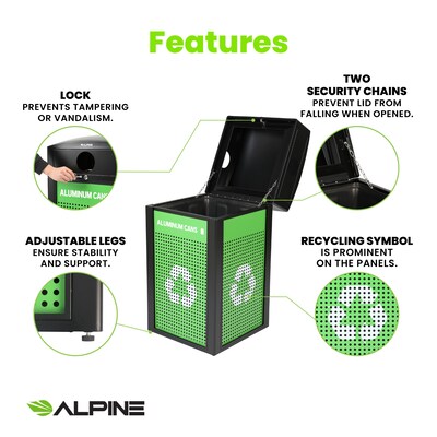 Alpine Industries GS Series Steel Recycling Bin, 40 Gallon, Green (ALP471-40-GS-C)