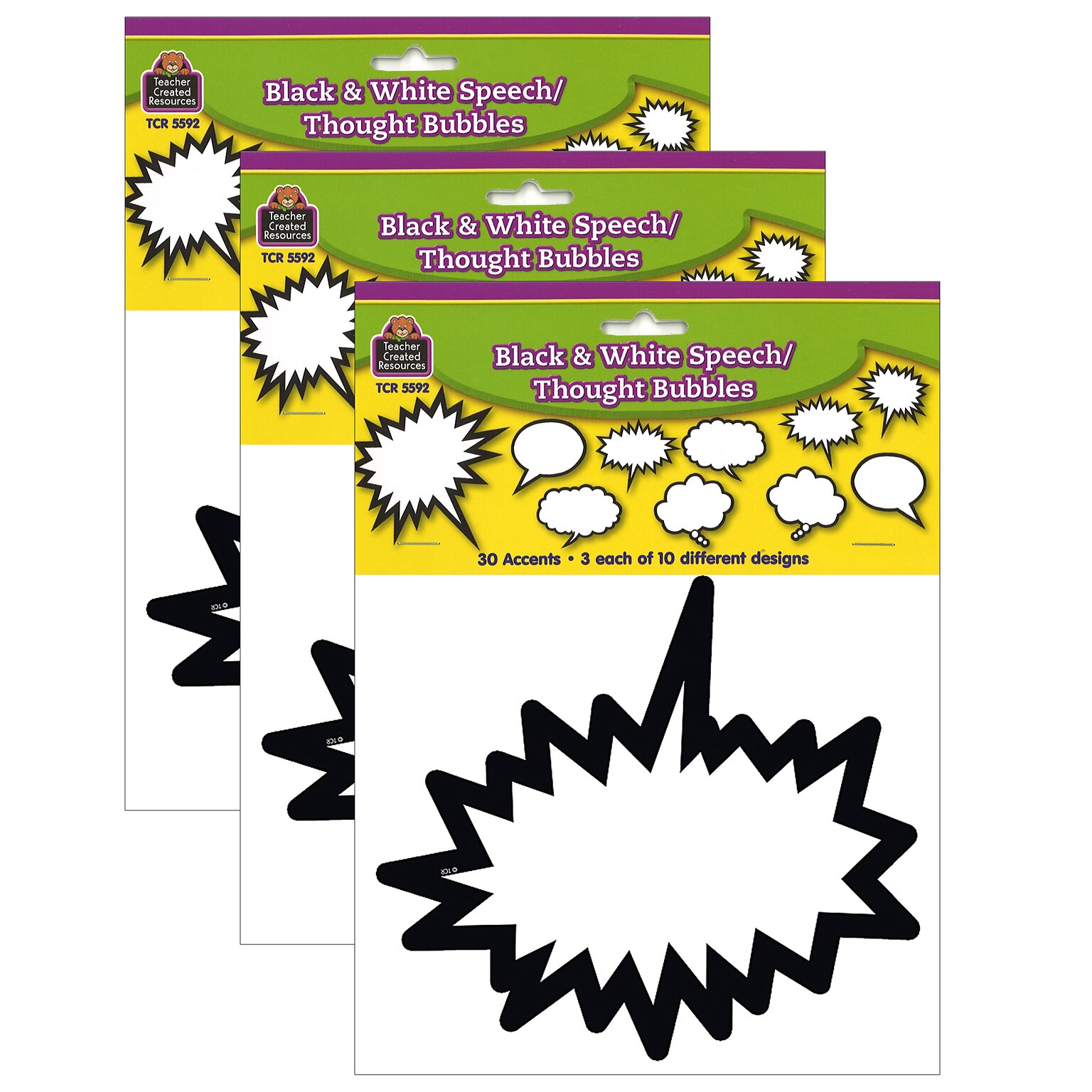Teacher Created Resources Black & White Speech/Thought Bubbles Accents, 30/Pack, 3 Packs/Bundle (TCR5592-3)