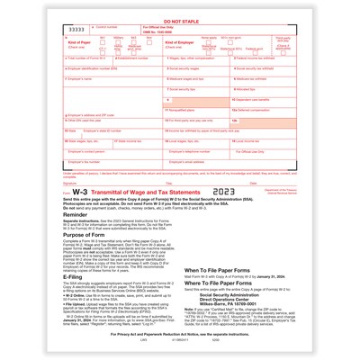 ComplyRight® 2023 W-3 Transmittal Of Income And Tax Statement Tax Form, 25/Pack (520025)