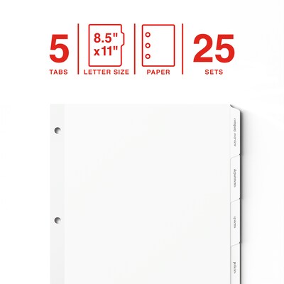 Staples Print & Apply Label Dividers, White, 5-Tabs, 25 Sets (ST63052)