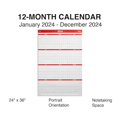 2024 Staples 24 x 36 Wall Calendar, Red/Black/White (ST53999-24)