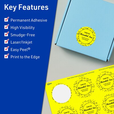 Avery Laser/Inkjet Round Multipurpose Labels, 2" Dia., Neon Yellow, 480/Pack (94501)