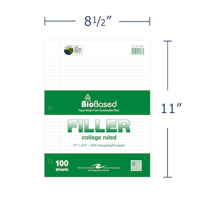 Roaring Spring Paper Products BioBased College Ruled Filler Paper, 8.5 x 11, 3-Hole Punched, 100 S