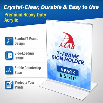 Azar 8.5 x 11 Sign Holder, Desktop/Countertop, Bottom Loading, Plastic, 3/Pack (152430-3PK)