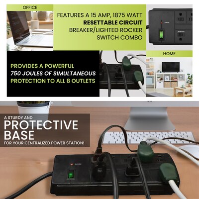 GoGreen Power 8 Outlet Surge Protector, 6' cord, Black (GG-18316BK)