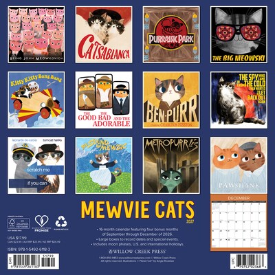 2027 Willow Creek Mewvie Cats 12 x 12 Monthly Wall Calendar, Assorted Colors (61183)