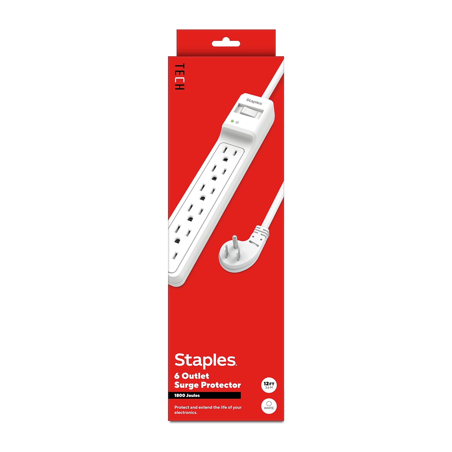 Staples TECH 6-Outlet Surge Protector, 12, 1800 Joules, White (ST62768)