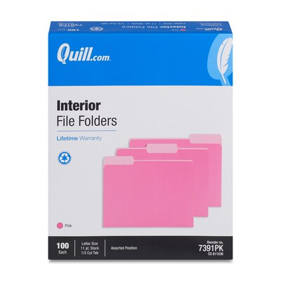 Quill Brand® Interior File Folders, 1/3-Cut, Letter Size, Pink, 100/Box (7391PK)