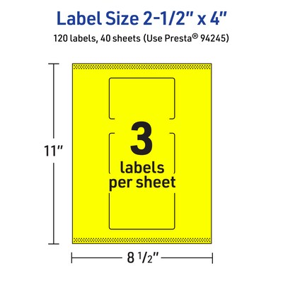 Avery Rectangle Laser/Inkjet Multipurpose Labels, 2.5" x 4", Neon Yellow (120/Box)