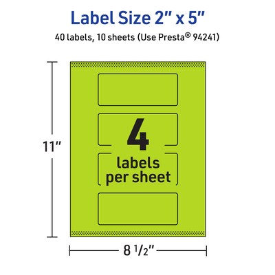 Avery Rectangle Multipurpose Labels, 2" x 5", Bright Green, 40/Pack (94241)