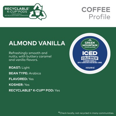 Green Mountain Coffee Roasters Iced Cold Brew Almond Vanilla Iced Coffee Keurig® K-Cup® Pods, Light Roast, 80/Carton