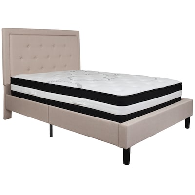Flash Furniture Roxbury Tufted Upholstered Platform Bed in Beige Fabric with Pocket Spring Mattress,