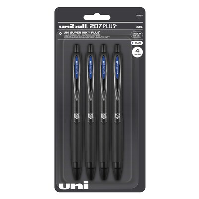 uni-ball 207 Plus+ Retractable Gel Pen, Medium Point, 0.7mm, Blue Ink, 4/Pack (70457)