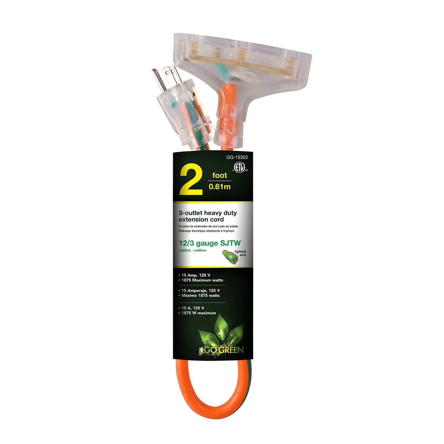 GoGreen Power 2 Indoor/Outdoor Extension Cord, 3-Outlet, 12 AWG, Orange (GG-15302)