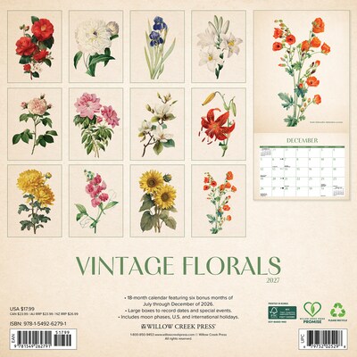 2027 Willow Creek Vintage Florals 12 x 12 Monthly Wall Calendar, Assorted Colors (62791)