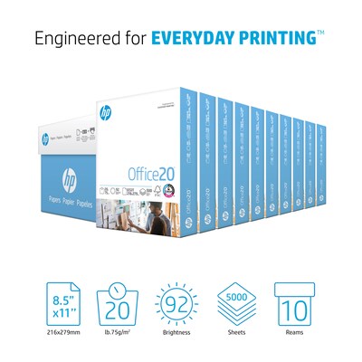 HP Office20 Multipurpose Paper, 8.5" x 11", 20 lbs., White, 500 Sheets/Ream, 10 Reams/Carton (HPC8511)