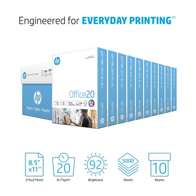 HP Office20 Multipurpose Paper, 8.5 x 11, 20 lbs., White, 500 Sheets/Ream, 10 Reams/Carton (HPC851