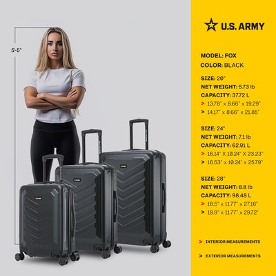 US Army FOX 3-Piece Hardside Spinner Carry-On Luggage Set, TSA Checkpoint Friendly, Black (USLFOXSML-BLK)