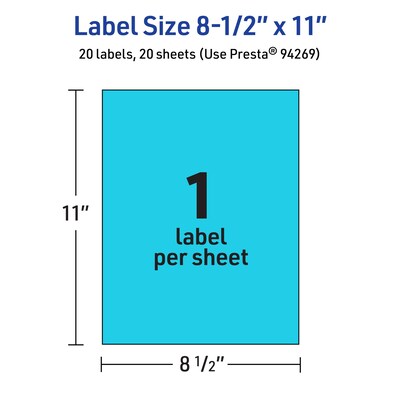 Avery Rectangle Multipurpose Labels, 8.5" x 11", Bright Blue, 20/Pack (94269)