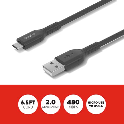 Staples TECH Micro USB to USB-A Charging Cable, 6.5 ft., Black (ST62328)