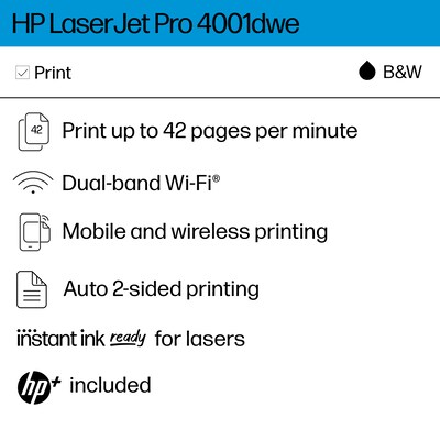 HP LaserJet Pro 4001dwe Wireless Printer, Fast, Mobile Print, Secure, Requires Internet, Best for Small Teams (2Z601E)