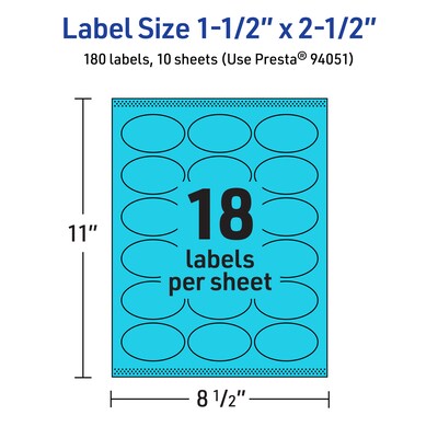 Avery Oval Multipurpose Labels, 1.5" x 2.5", Bright Blue, 180/Pack (94051)