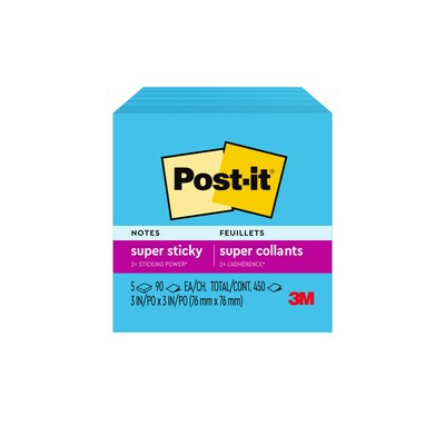 Post-it Super Sticky Notes, 3 in x 3 in, Assorted Bright Colors 90 Sheets/ Pad