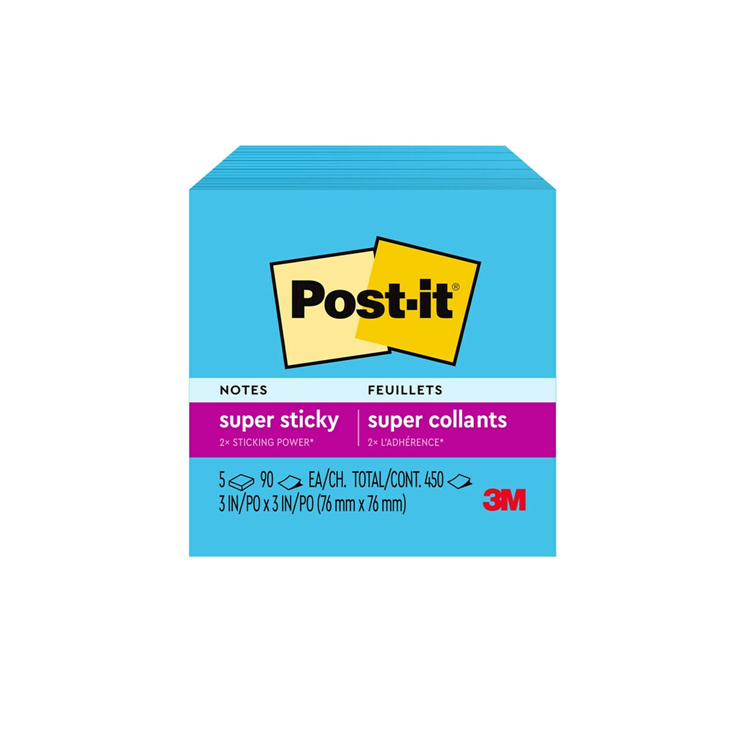 Post-it Super Sticky Notes, 3 x 3, Blue Paradise, 90 Sheet/Pad, 5 Pads/Pack (654-5SSBE)