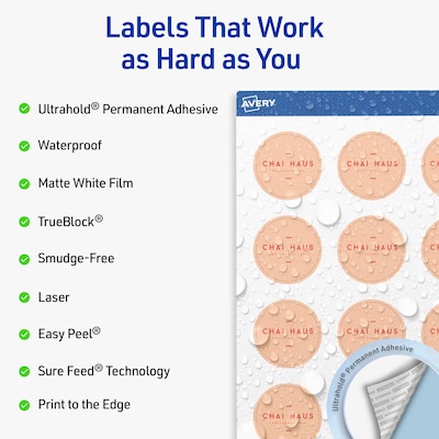 Avery Waterproof Round Laser Multipurpose Labels, 1.5 Dia., White, 200/Pack (19479399424)