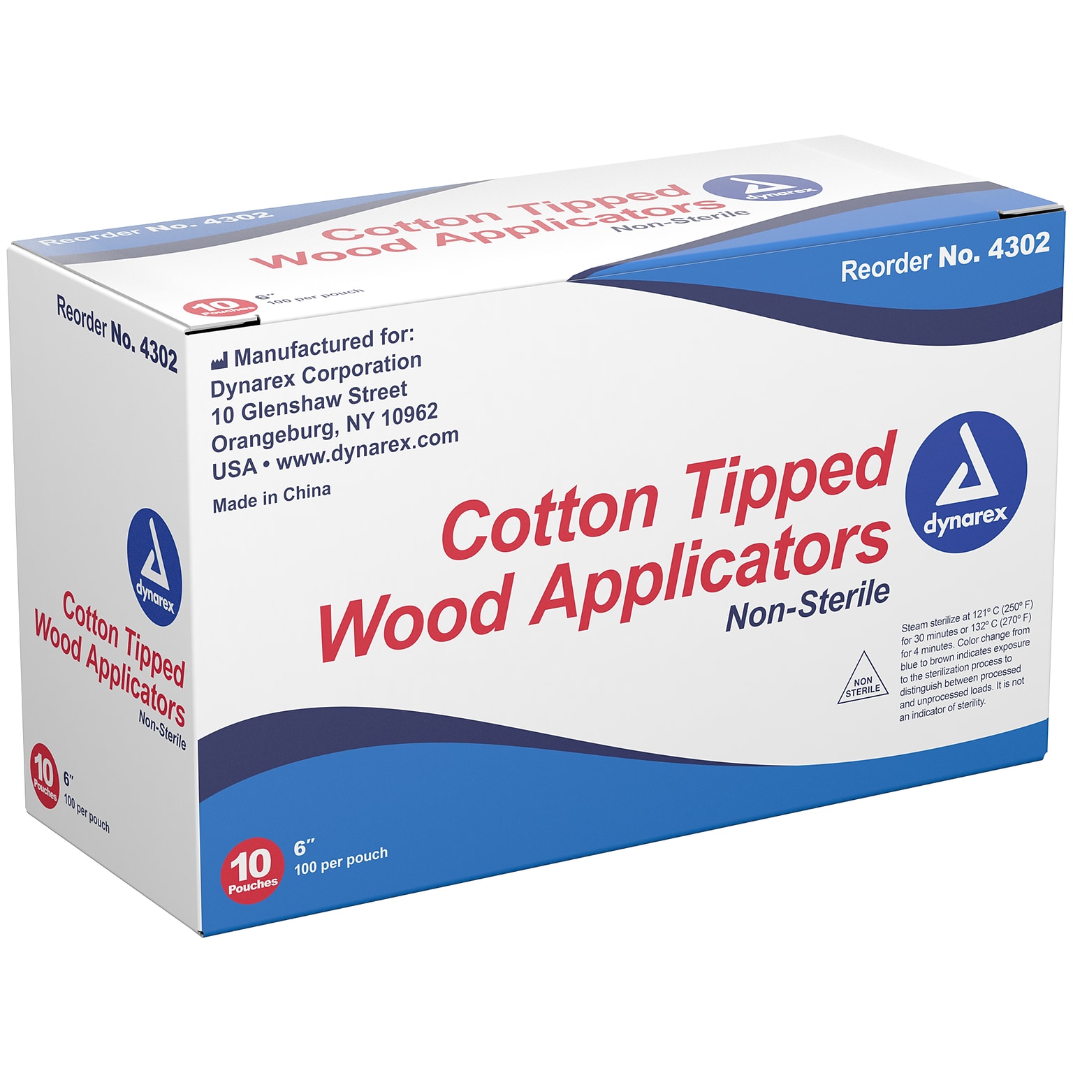 Dynarex Cotton-Tipped Applicator, Non-Sterile, 100/Pouch, 10 Pouches/Box, 10 Boxes/Carton (4302)