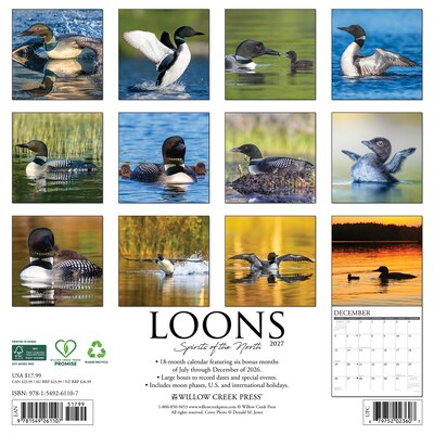 2027 Willow Creek Loons 12 x 12 Monthly Wall Calendar, Assorted Colors (61107)