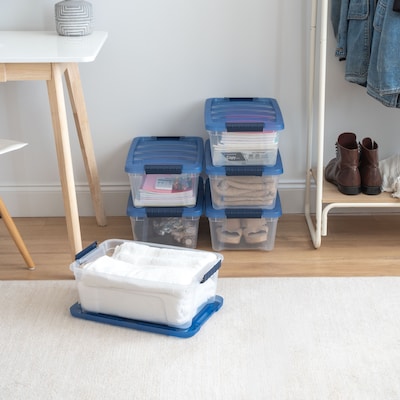 Iris Stack & Pull 12 Qt. Snap Lid Storage Boxes, Clear/Navy, 6/Carton (100306-CT)