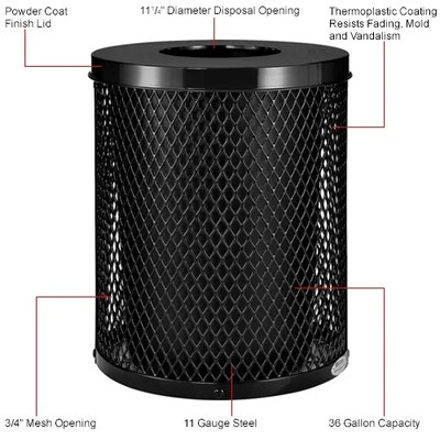 Global Industrial Outdoor Diamond Steel Trash Can w/ Flat Lid, 36 Gallon, Black (261924BK)