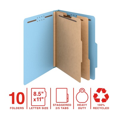 Staples Heavy Duty Pressboard Classification Folder, 2-Dividers, 2" Expansion, Letter Size, Light Blue, 10/Pack (ST62741)