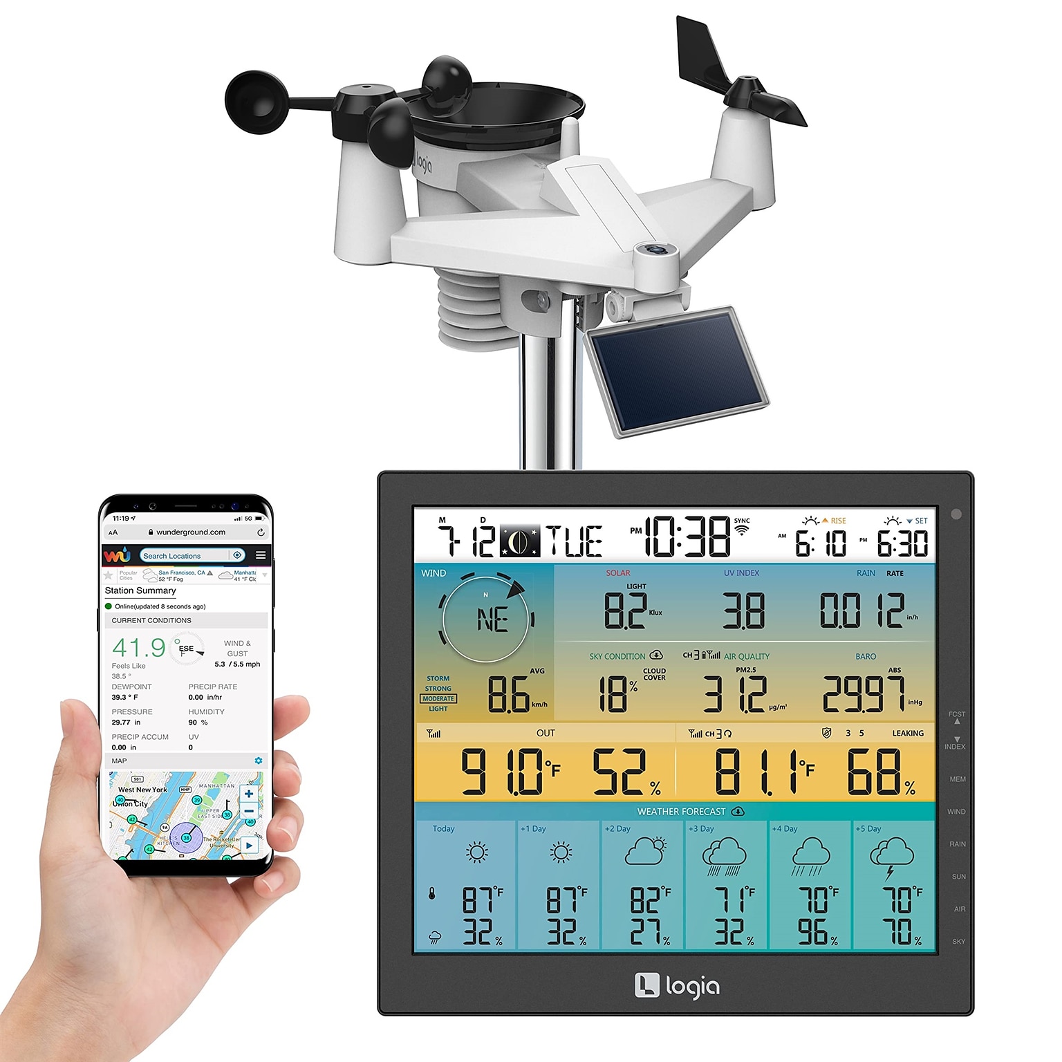 Logia 7-in-1 WiFi Wireless Weather Station w/ 6-Day Forecast, Solar & Large 10 LED Display (LOWSC715FWB10)