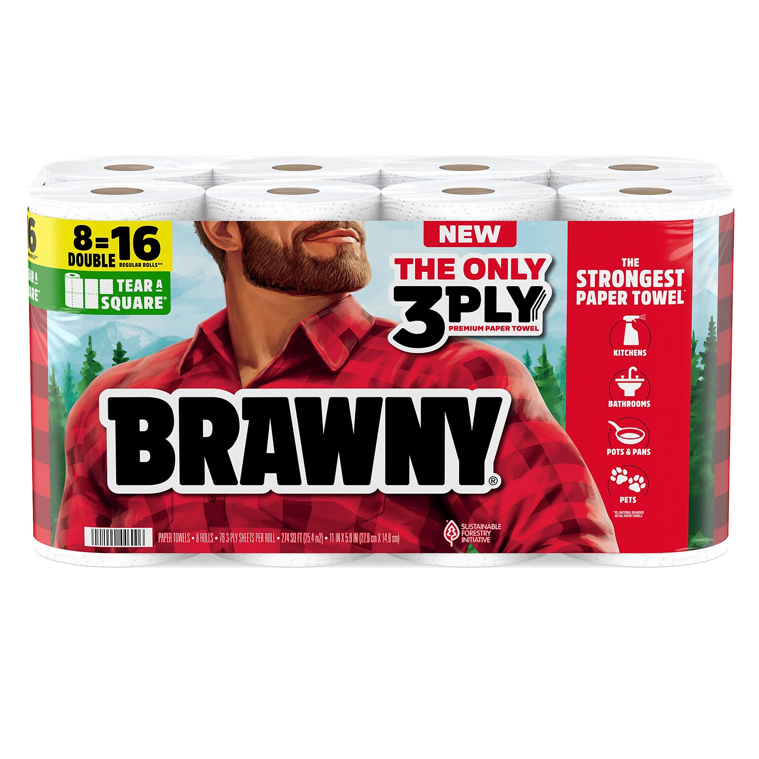 Brawny Tear-A-Square Paper Towels, 3-ply, 76 Sheets/Roll, 8 Rolls/Pack (446005)