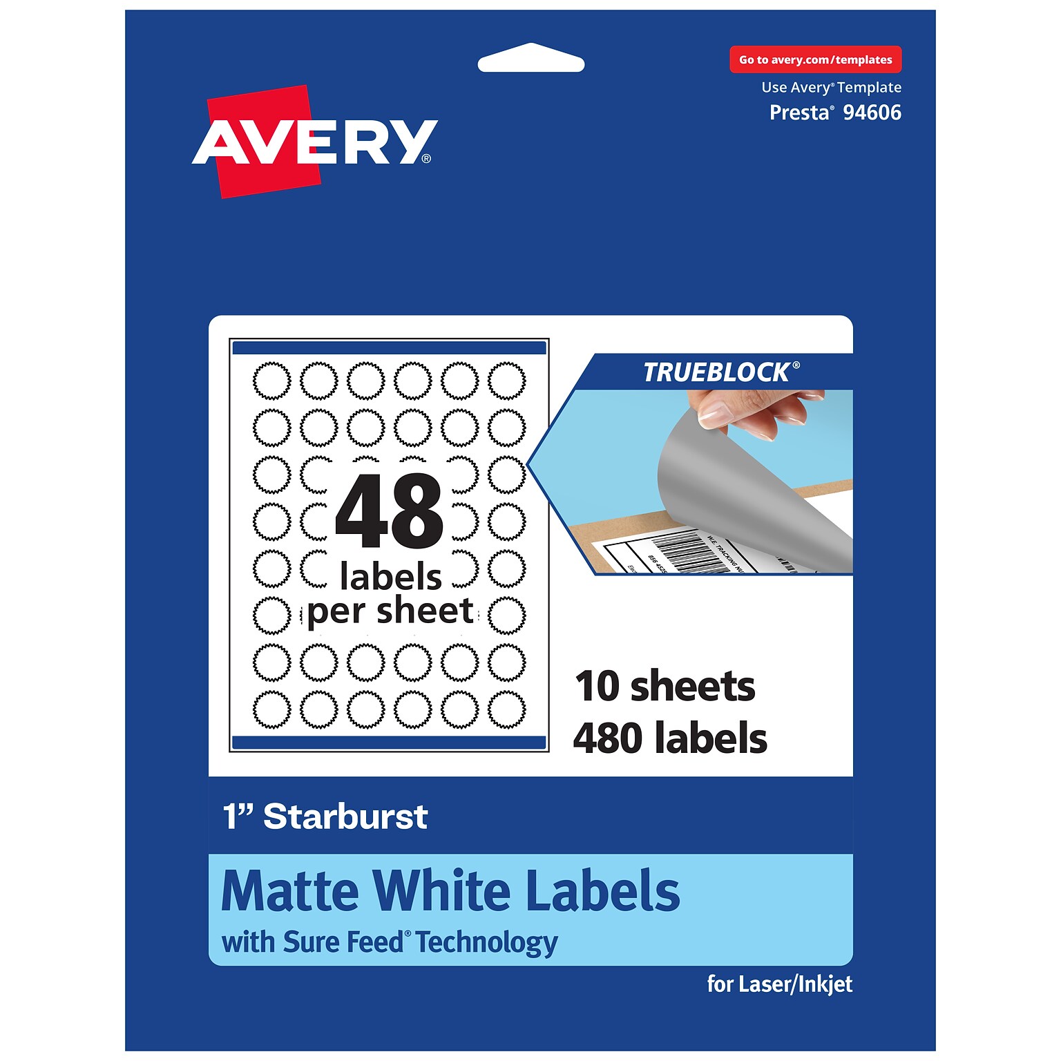 Avery TrueBlock Laser/Inkjet Burst Multipurpose Labels, 1, White, 480/Pack (94606)