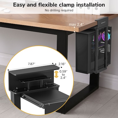 Mount-It! Heavy-Duty Clamp-On CPU Mount for Mid & Full Tower PCs, Holds up to 66 lbs., Matte Black (MI-7159)