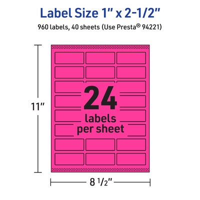 Avery Laser/Inkjet Rectangle Multipurpose Labels, 1" x 2.5", Neon Magenta, 960/Pack (94221)