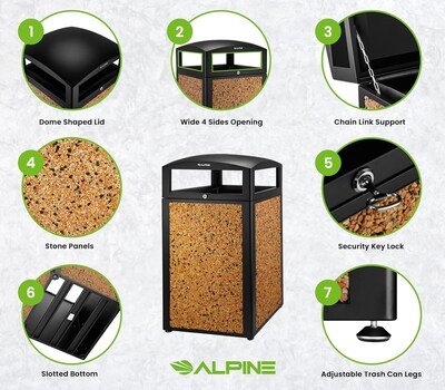 Alpine Industries Steel Outdoor Trash Can with Dome Lid, 40 Gallon, Stone (471-40-STO)
