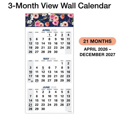 2026-2027 Excello Brands Large Print 13" x 27" Academic Monthly Wall Calendar, Navy Floral (WC-AY26-1327-84)