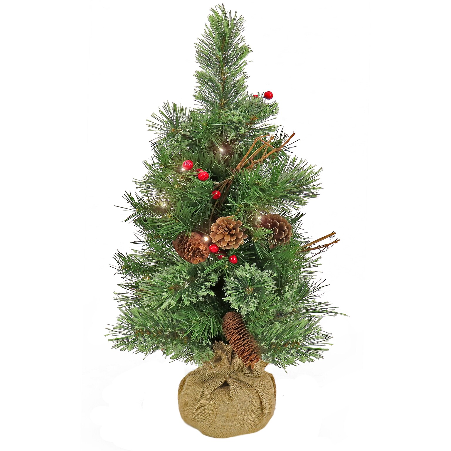 National Tree Company 24 Glistening Pine Small Tree with Pine Cones, Red Berries, and Twigs in a Burlap Base (GN7-300-24-B1)