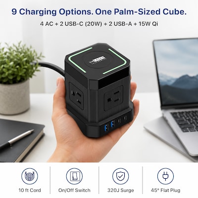 Uncaged Ergonomics Wireless Cube Power Strip with 15W Wireless Charger, 4 AC Outlets, 4 USB Ports, 10 Cord, Black (WC-10-B)