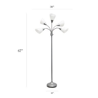 Simple Designs 67" Silver Metal Medusa Floor Lamp with 5 Adjustable White Cone Shades (LF2006-SVW)